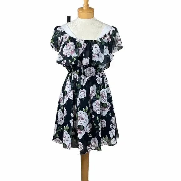 Lucy Paris Off the Shoulder Floral Dress Black L - Picture 10 of 10